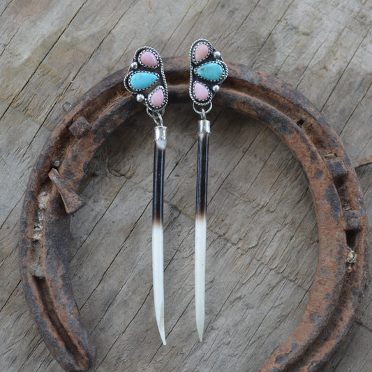 Turquoise Pink Conch Cluster Quill Earrings