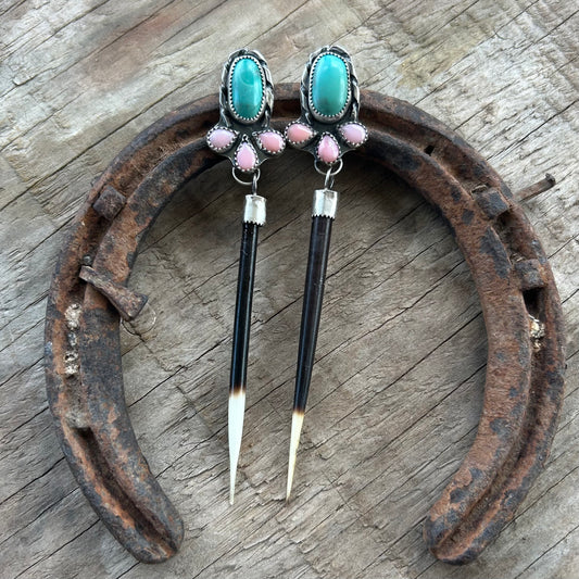 Turquoise and Pink Conch Quill Earrings