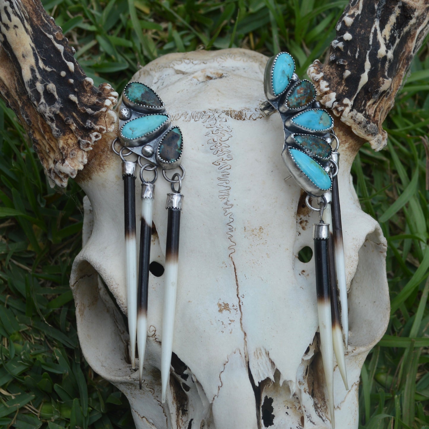 Turquoise Stud Ear Crawler Quill Earrings