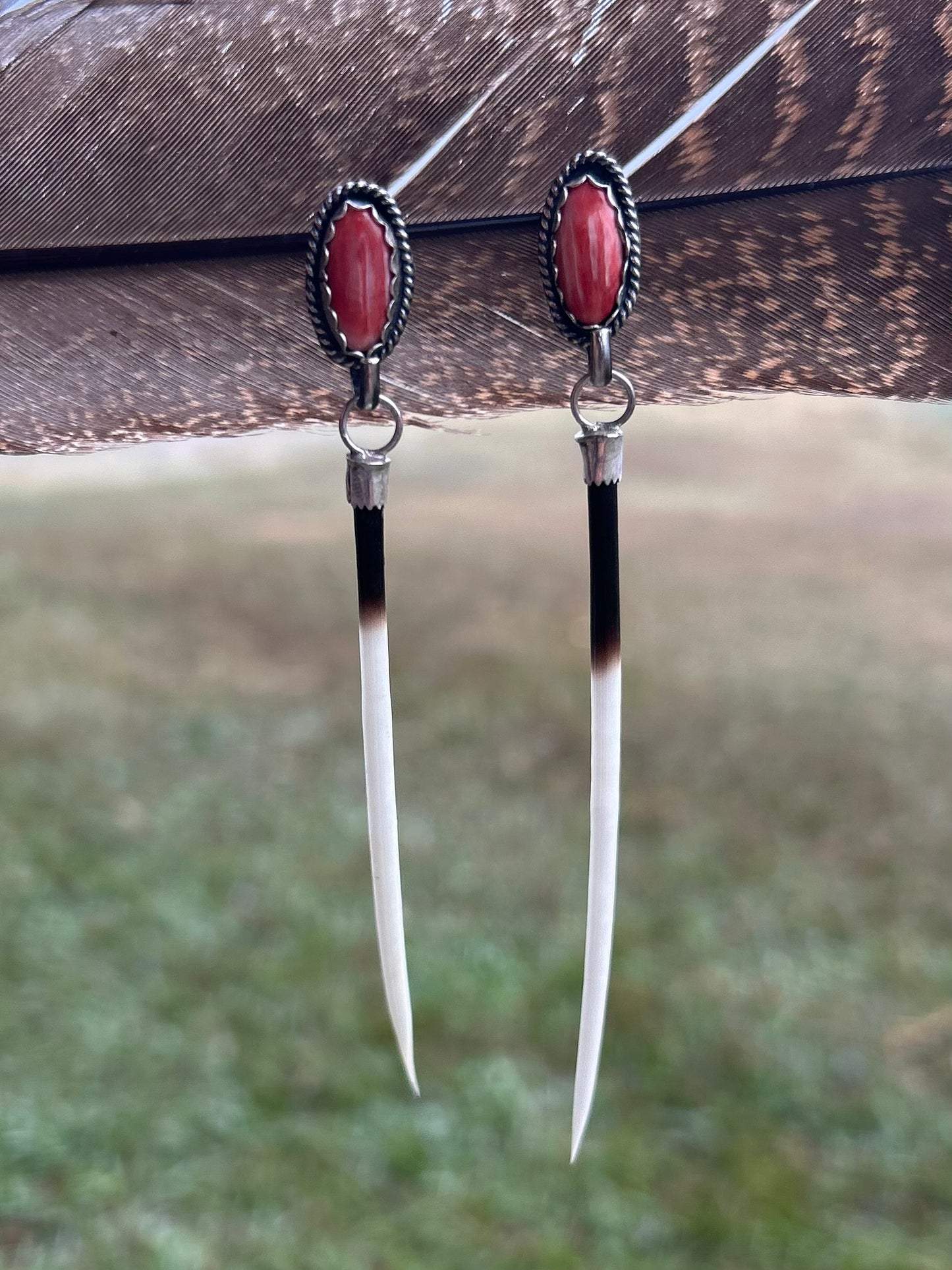 Spiny Oyster and Porcupine Quill Earrings
